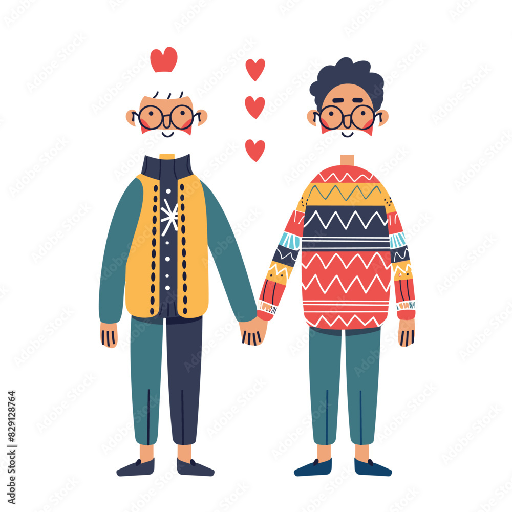 Two elderly characters holding hands, love hearts floating above, smiling faces. Senior man woman wearing glasses, colorful clothes, expressing affection. Cartoon style older couple, vibrant attire Two elderly characters holding hands, love hearts floating above, smiling faces. Senior man woman wearing glasses, colorful clothes, expressing affection. Cartoon style older couple, vibrant attire