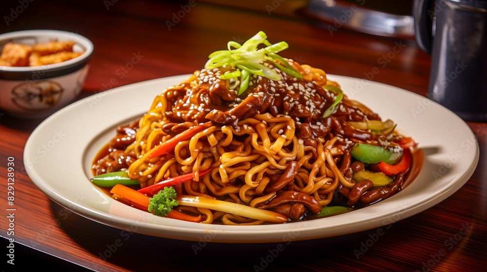 Delicious stir-fried noodles with vegetables and sesame seeds, served on a white plate in a cozy restaurant setting. Delicious stir-fried noodles with vegetables and sesame seeds, served on a white plate in a cozy restaurant setting.