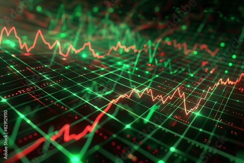 Dynamic stock market data chart showing investment trends with fluctuating lines highlighted in green and red colors.