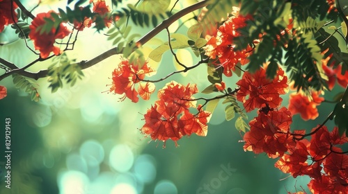 Shades of red and green emanate from poinciana flowers and branches photo