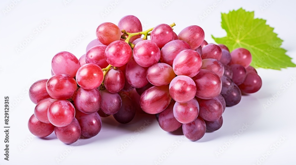 Fresh cluster of red grapes with green leaf on white background. Perfect for juice, wine, and healthy snacks. Vivid color and detail. Fresh cluster of red grapes with green leaf on white background. Perfect for juice, wine, and healthy snacks. Vivid color and detail.