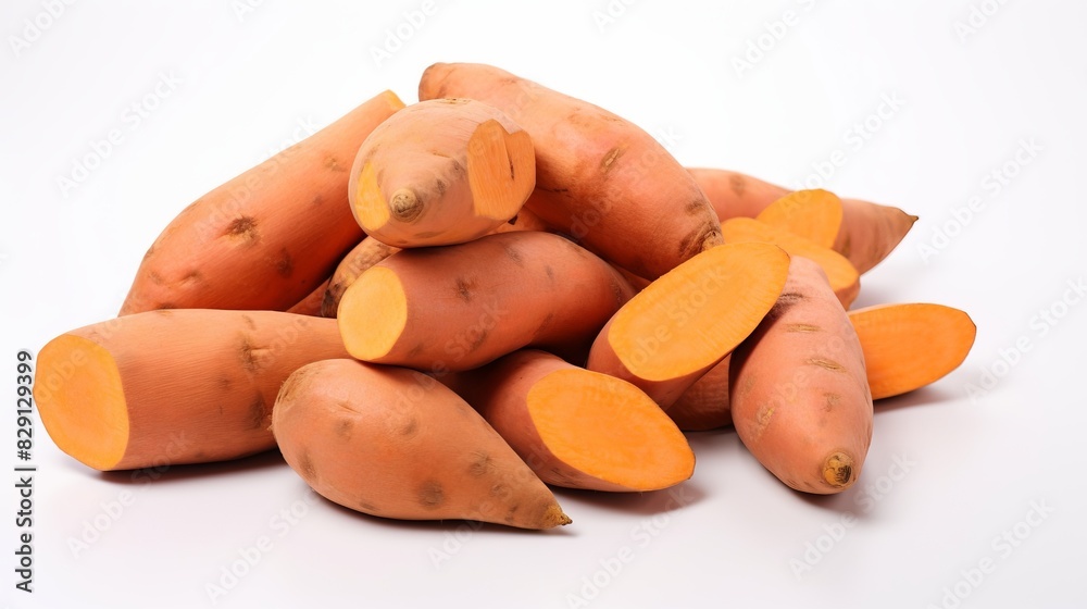 Fresh orange sweet potatoes arranged in a pile on a white background, showcasing their vibrant color and natural texture. Fresh orange sweet potatoes arranged in a pile on a white background, showcasing their vibrant color and natural texture.
