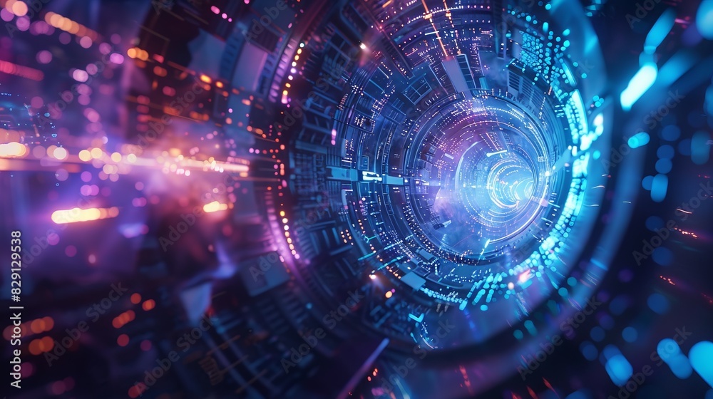 Futuristic digital tunnel with glowing neon lights and technology. Abstract cyber concept, innovation, and data visualization. Futuristic digital tunnel with glowing neon lights and technology. Abstract cyber concept, innovation, and data visualization.