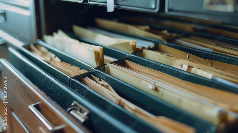 Business documents and paperwork arranged in a filing cabinet, symbolizing administration and efficiency Business documents and paperwork arranged in a filing cabinet, symbolizing administration and efficiency