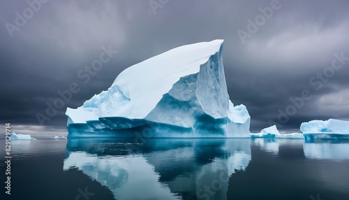 Large iceberg reflected in the sea on a cloudy day created with generative ai photo