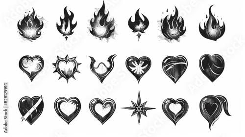 Set of hand drawn y2k flame tribal elements, star, fire, heart shape. Trendy grunge scrawl icon for stickers. Freehand pencil drawing vector illustration