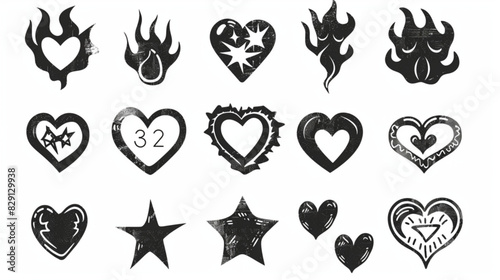 Set of hand drawn y2k  flame tribal elements, star, fire, heart shape. Trendy grunge scrawl icon for stickers. Freehand pencil drawing vector illustration © Ahtesham