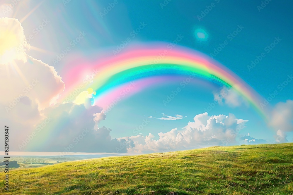 Vibrant rainbow spanning across a clear blue sky over a lush green landscape, with sunlight breaking through fluffy clouds. Vibrant rainbow spanning across a clear blue sky over a lush green landscape, with sunlight breaking through fluffy clouds.