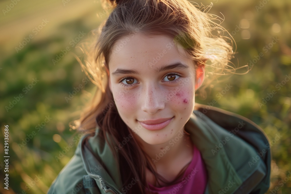 Young woman wearing a green jacket standing in a field Young woman wearing a green jacket standing in a field