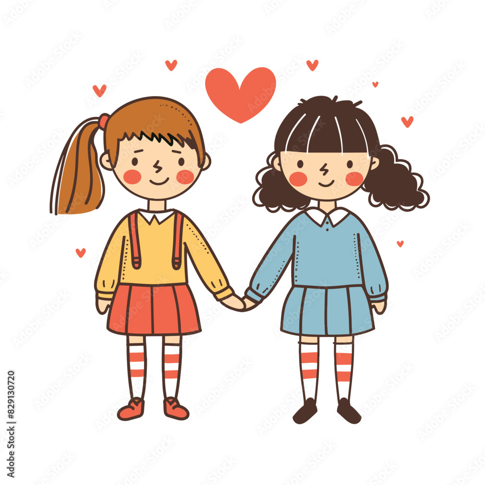 Two cartoon girls holding hands, smiling, expressing friendship joy. Characters colorful clothing, heart symbol floating above, indicating affection happiness. Cheerful childrens friendship Two cartoon girls holding hands, smiling, expressing friendship joy. Characters colorful clothing, heart symbol floating above, indicating affection happiness. Cheerful childrens friendship
