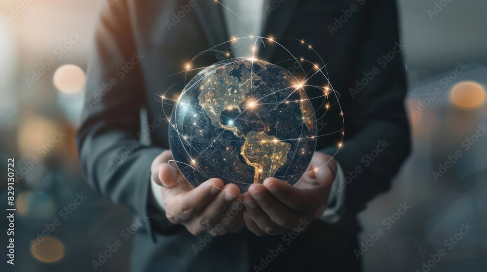 Fototapeta premium Businessman hold global business globe with network connected to digital marketing strategy and creative solution 