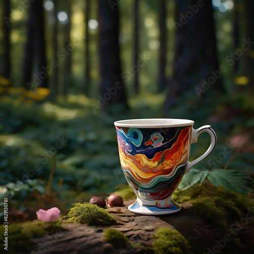 a tea cup embellished with a still life painting stands on a mosy tree trunk in the forest  photo