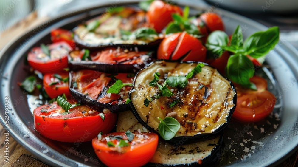 A tasty meal consisting of eggplant and tomatoes served on a plate