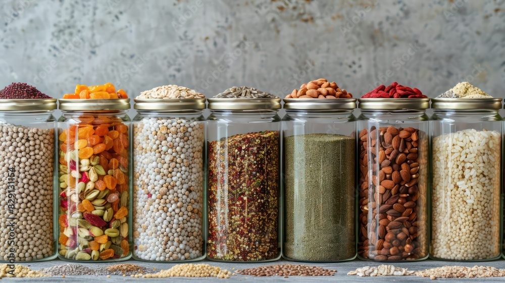Obraz Containers filled with bulk foods like grains, nuts, and dried fruits with minimalist background, 