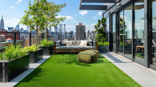 Synthetic grass rolled out on a rooftop terrace, creating a green oasis in urban environments photo