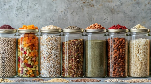 Containers filled with bulk foods like grains, nuts, and dried fruits with minimalist background, 