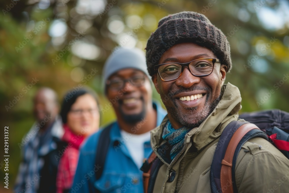 Portrait of happy african american man with friends in background Portrait of happy african american man with friends in background