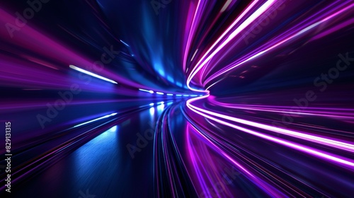 3D Render  Blue-Purple Light Streaks Through Dark Background  Hyperspace Warp