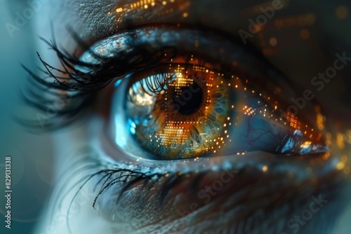 close-up of an eye with artificial intelligence in the retina. Future technologies for long-distance objects through scanning with artificial intelligence built into the eyes  photo
