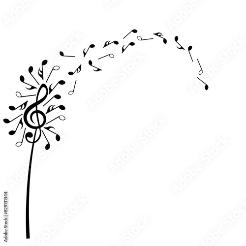 Musical dandelion with flying music notes  vector illustration.