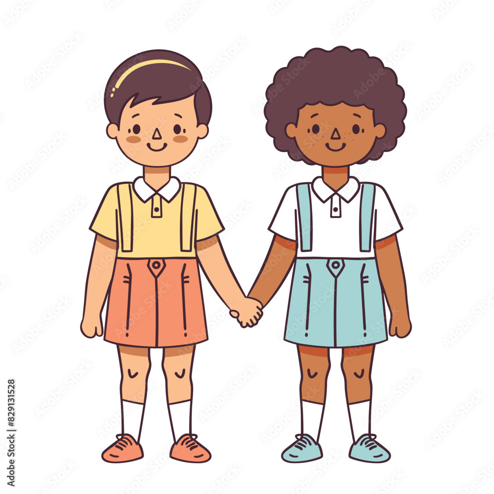 Two children holding hands smiling, friendship concept, diverse, happy kids, cartoon style. Boy girl friends, casual clothing, standing together, isolated white background, bright colors. Schoolage Two children holding hands smiling, friendship concept, diverse, happy kids, cartoon style. Boy girl friends, casual clothing, standing together, isolated white background, bright colors. Schoolage