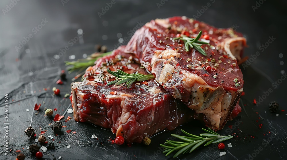 Steak Beefsteak. Beef steak dry aged with spices on black background copy space Steak Beefsteak. Beef steak dry aged with spices on black background copy space