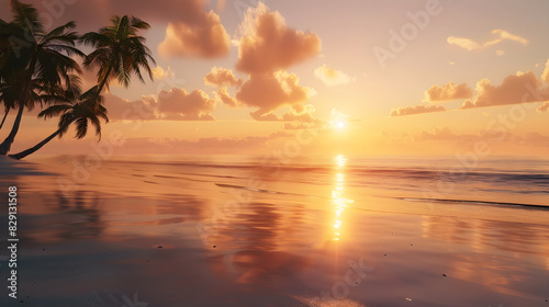 Golden Sunset Over Tranquil Beach: A Serene Tropical Paradise