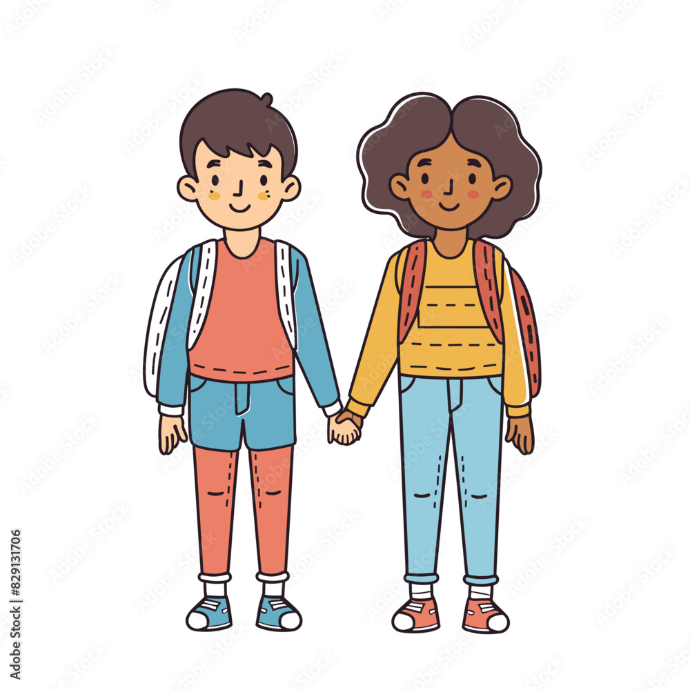 Asian boy African American girl holding hands, both smiling, wearing casual clothes backpacks. Young multicultural friends displaying friendship, standing together, happy facial expressions. Cartoon Asian boy African American girl holding hands, both smiling, wearing casual clothes backpacks. Young multicultural friends displaying friendship, standing together, happy facial expressions. Cartoon