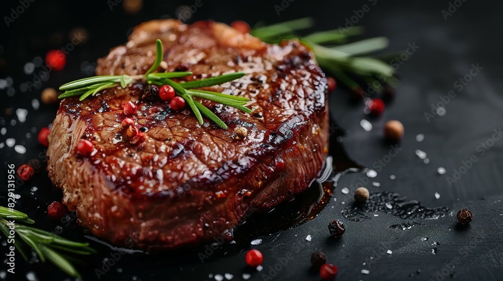 Steak Beefsteak. Beef steak dry aged with spices on black background copy space Steak Beefsteak. Beef steak dry aged with spices on black background copy space