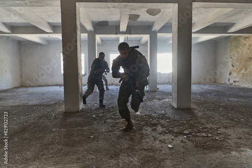  A group of professional soldiers bravely executes a dangerous rescue mission, surrounded by fire in a perilous building.
