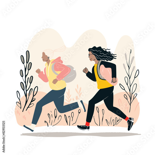 Two diverse women jogging together amongst stylized plant elements. One woman wears pink hoodie, yellow shirt, earbuds, while has black hair, yellow tank top. Both depict healthy lifestyle, fitness