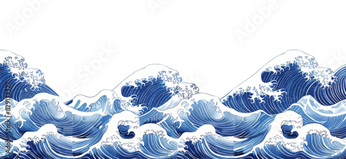 Japanese waves pattern border, in a blue and white color scheme against a white background