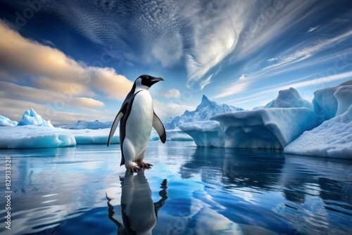 Artistic rendering of a penguin whose body blends into Antarctic ice  merging seamlessly with its environment