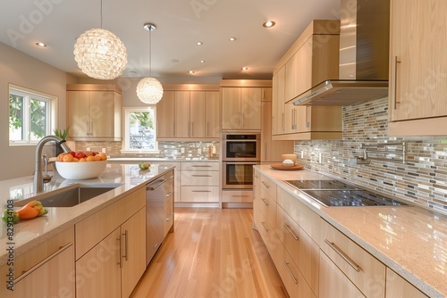 A contemporary kitchen with light wood cabinets, quartz countertops, and a glass tile backsplash.