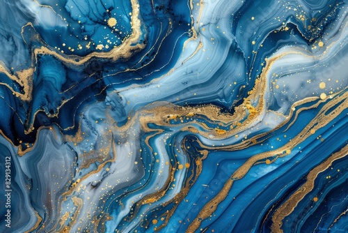 Abstract ocean- ART. Natural Luxury. Style incorporates the swirls of marble or the ripples of agate. Very beautiful blue paint with the addition of gold powder - generative ai photo