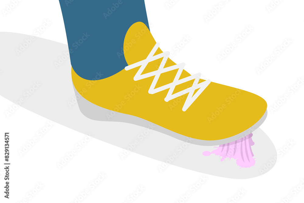 3D Isometric Flat Illustration of Chewing Gum Stuck to a Shoe, Dirty