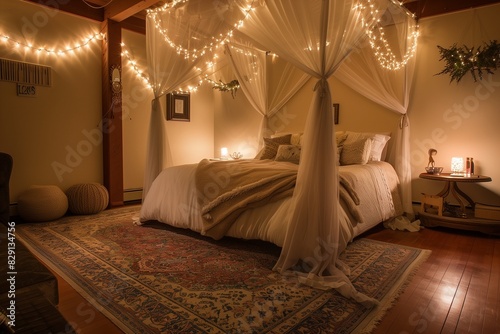 A cozy bedroom with a canopy bed, plush area rug, and soft ambient lighting.