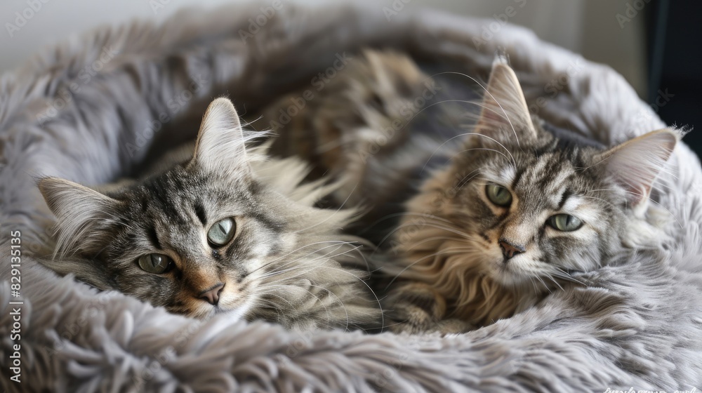 2 adorable felines with lengthy fur lounging in a cozy cat bed 2 adorable felines with lengthy fur lounging in a cozy cat bed