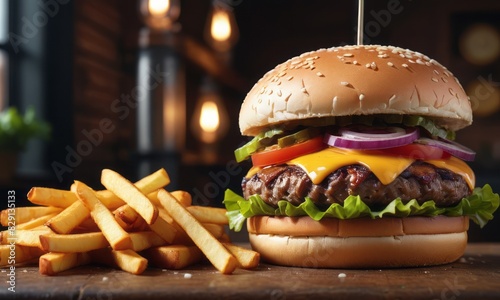 photorealistic burger illustration, succulent patties, fresh vegetables, and perfectly melted cheese, these images are perfect for enhancing menus, food blogs