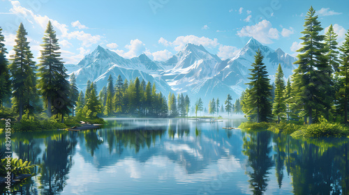 Majestic Mountain Range Reflecting in a Pristine Lake Surrounded by Pine Trees on a Clear Day