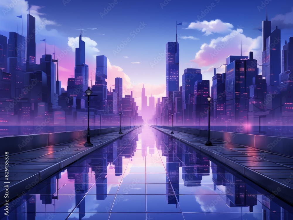 Obraz premium Futuristic city with a blue sky and clouds
