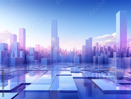 Futuristic city made of cubes with a blue sky and clouds.