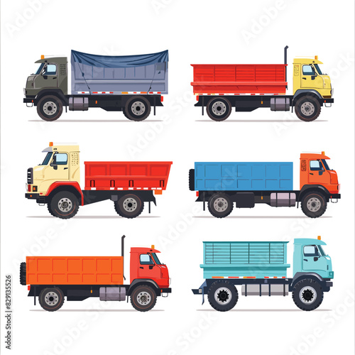 Set six colorful vector trucks isolated white background, different cargo holds. Detailed freight transport trucks, side view, different types tarp covered, open bed, container. No people, various