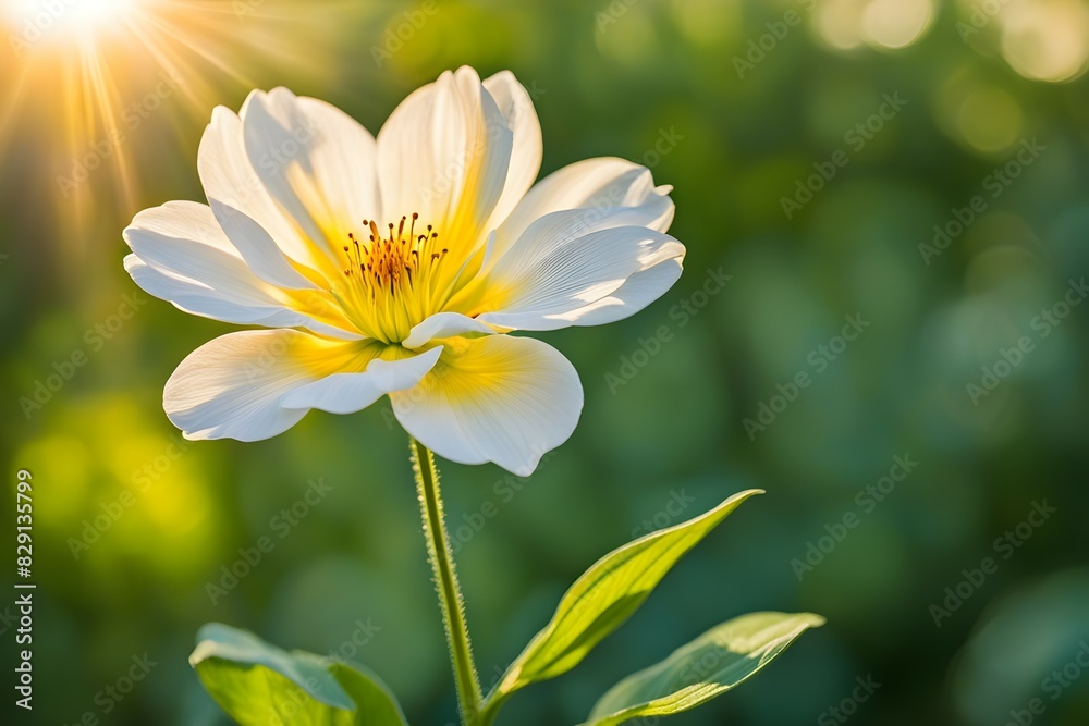 A white flower with yellow petals is in a green field A white flower with yellow petals is in a green field