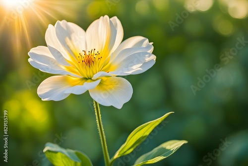 A white flower with yellow petals is in a green field