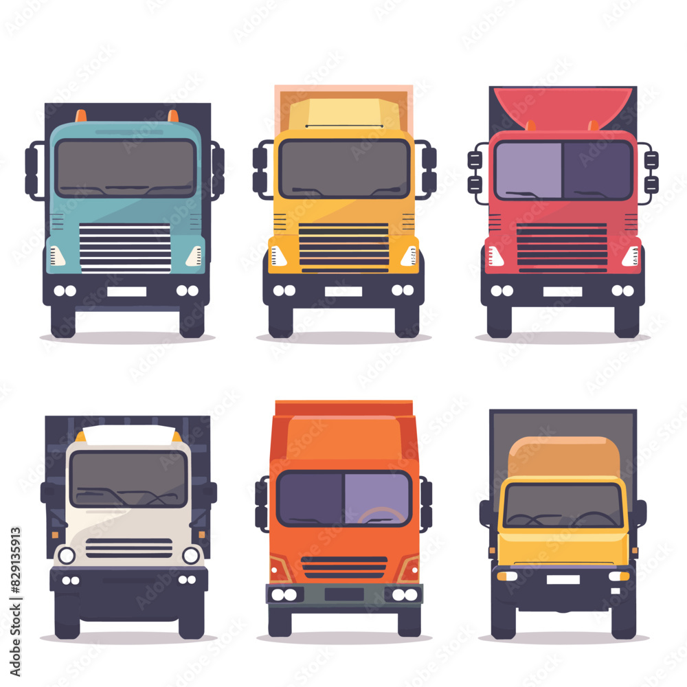 Flat style vector illustrations six trucks front view, different colors. Illustrations set featuring various trucks, blue, yellow, red, black, orange, tan vehicles, flat design. Collection colorful Flat style vector illustrations six trucks front view, different colors. Illustrations set featuring various trucks, blue, yellow, red, black, orange, tan vehicles, flat design. Collection colorful