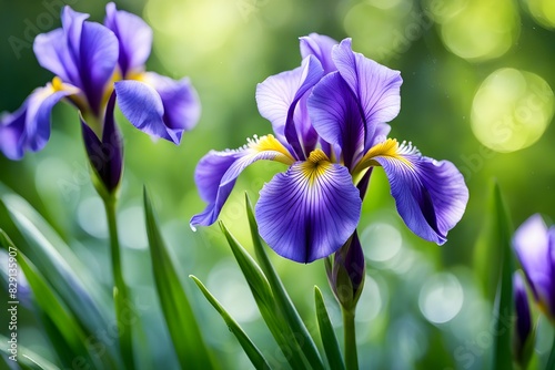 Three purple irises are in a field of green grass photo