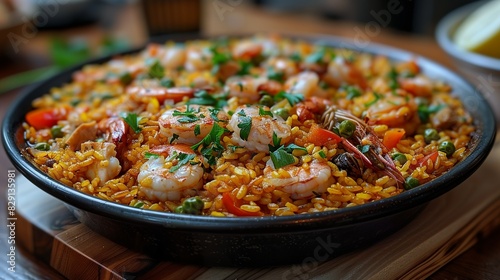 Paella - A Spanish rice dish typically made with seafood  chicken  and vegetables. Placed on the dining table in the kitchen. Minimal and Simple style