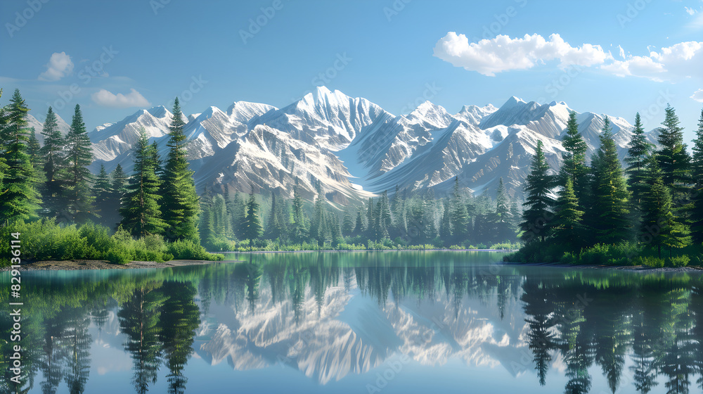 Majestic Mountain Range Reflecting in a Pristine Lake Surrounded by Pine Trees on a Clear Day