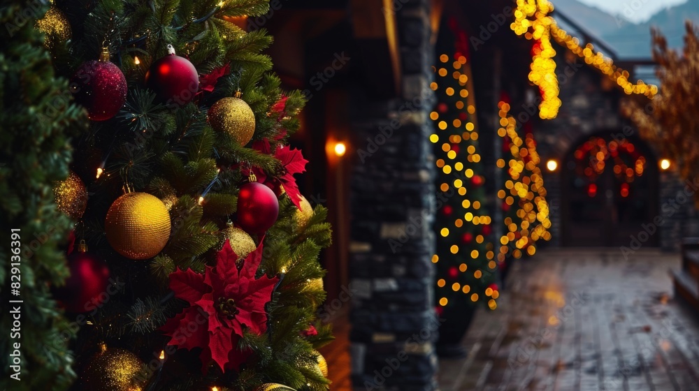 Fototapeta premium A decorated Christmas tree with red and gold ornaments, twinkling lights, and a red velvet bow. Festive cobblestone street lined with lanterns and greenery creating a holiday atmosphere